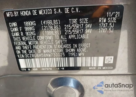 2022 Honda Hr-V Awd Ex z USA, uszkodzony, nr VIN 3CZRU6H58NM730025